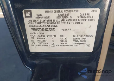 2004 Chevrolet Tahoe Ls z USA, uszkodzony, nr VIN 1GNEC13T54J275847